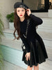 imCharms 2023 Hepburn Style Stitching Small Black Leather Skirt Long Sleeve Slim Sweater Knit Dress Fall