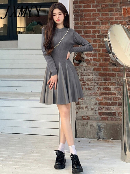 imCharms 2023 Hepburn Style Stitching Small Black Leather Skirt Long Sleeve Slim Sweater Knit Dress Fall