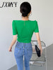 imCharms 2023 Threaded Short-Sleeved Women's Ins Trendy Summer Split Design Puff Sleeves Short Square Neck top T-Shirt