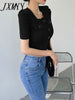 imCharms 2023 Threaded Short-Sleeved Women's Ins Trendy Summer Split Design Puff Sleeves Short Square Neck top T-Shirt