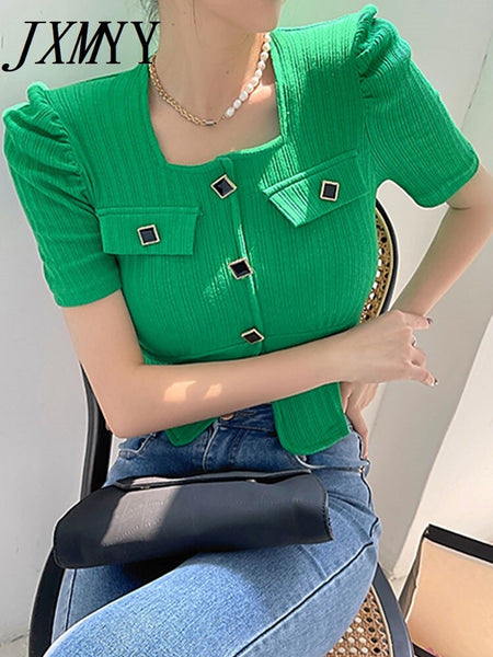 imCharms 2023 Threaded Short-Sleeved Women's Ins Trendy Summer Split Design Puff Sleeves Short Square Neck top T-Shirt
