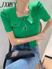 imCharms 2023 Threaded Short-Sleeved Women's Ins Trendy Summer Split Design Puff Sleeves Short Square Neck top T-Shirt