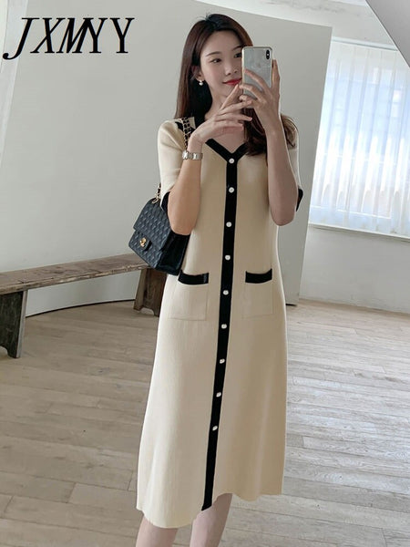 imCharms 2023 Korean Elegant Temperament Intellectual Color Matching V-Neck Skirt Slimming Knitted Dress Summer