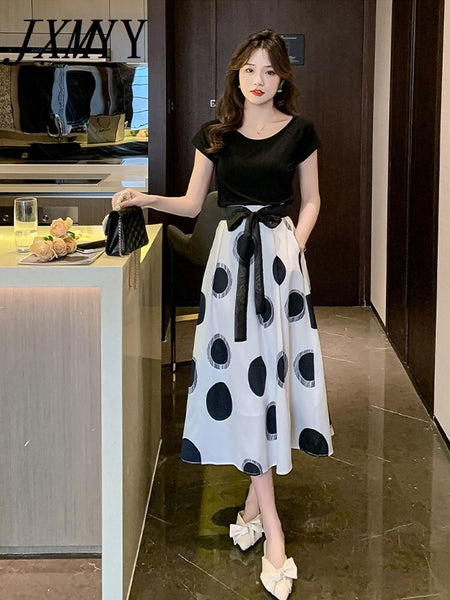 imCharms 2023 And Elegant Temperament Round Neck Cotton Short-Sleeved T-Shirt + Polka Dot Skirt Suit Women