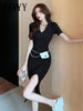 imCharms 2023 Temperament POLO Collar Side Slit Dress Feminine V-Neck Slim Stretch Knitted Skirt Summer