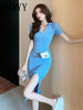 imCharms 2023 Temperament POLO Collar Side Slit Dress Feminine V-Neck Slim Stretch Knitted Skirt Summer