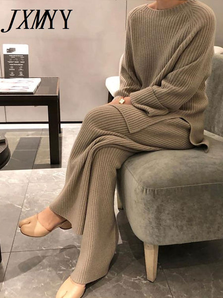 imCharms 2023 Winter Women's Thicken Warm Knitted Pullover Sweater Two-Piece Suits +High Waist Loose Wide Leg Pants Set