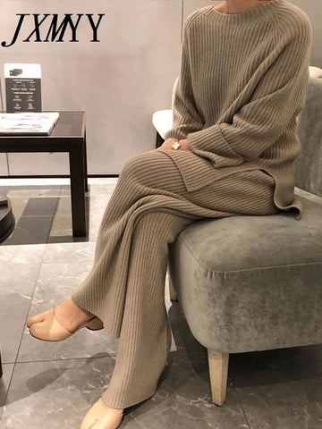 imCharms 2023 Winter Women's Thicken Warm Knitted Pullover Sweater Two-Piece Suits +High Waist Loose Wide Leg Pants Set