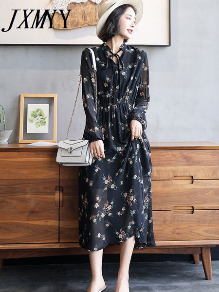 imCharms 2023 Spring And Autumn Popular Long Skirt Temperament V-Neck Floral Chiffon Dress Waist Gentle Women's Skirt