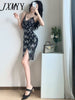 imCharms 2023 Summer Elegant Sexy Temperament V-Neck Slit Mid-Length Sling Women's Dress