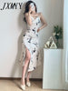 imCharms 2023 Summer Retro Gentle Sexy Elegant Temperament Swing Collar Slit Sling Women's Dress