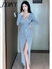 imCharms 2023 Spring And Autumn Celebrity Temperament V-Neck Long-Sleeved Sequined Slim Slit Mid-Length Dress Dress