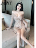 imCharms 2023 Spring And Autumn Celebrity Temperament V-Neck Long-Sleeved Sequined Slim Slit Mid-Length Dress Dress