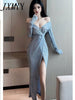 imCharms 2023 Spring And Autumn Celebrity Temperament V-Neck Long-Sleeved Sequined Slim Slit Mid-Length Dress Dress