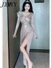 imCharms 2023 Spring And Autumn Celebrity Temperament V-Neck Long-Sleeved Sequined Slim Slit Mid-Length Dress Dress