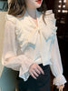 imCharms 2023 Spring And Autumn Elegant Temperament Thin Bow All-Match Pearl Stitching Chiffon Shirt Women's Top