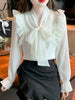 imCharms 2023 Spring And Autumn Elegant Temperament Thin Bow All-Match Pearl Stitching Chiffon Shirt Women's Top