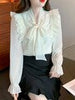 imCharms 2023 Spring And Autumn Elegant Temperament Thin Bow All-Match Pearl Stitching Chiffon Shirt Women's Top