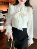 imCharms 2023 Spring And Autumn Elegant Temperament Thin Bow All-Match Pearl Stitching Chiffon Shirt Women's Top