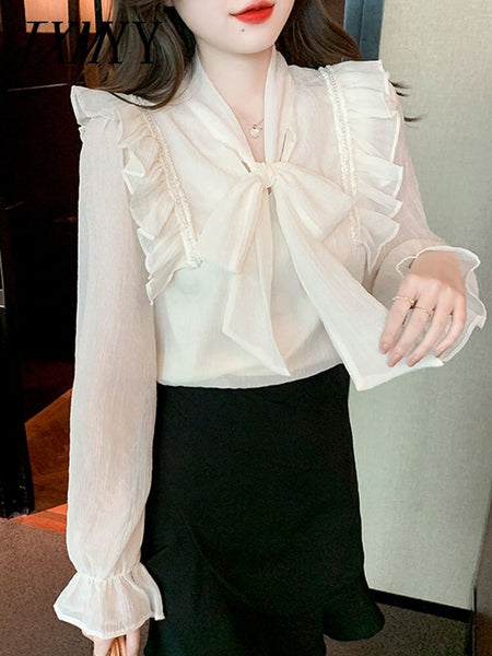imCharms 2023 Spring And Autumn Elegant Temperament Thin Bow All-Match Pearl Stitching Chiffon Shirt Women's Top