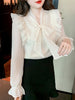 imCharms 2023 Spring And Autumn Elegant Temperament Thin Bow All-Match Pearl Stitching Chiffon Shirt Women's Top