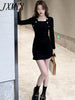 imCharms 2023 Spring And Autumn Elegant Temperament Waist And Slim Sexy Square Neck Knitted Cotton Dress Women's