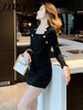 imCharms 2023 Spring And Autumn Elegant Temperament Waist And Slim Sexy Square Neck Knitted Cotton Dress Women's