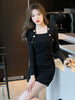 imCharms 2023 Spring And Autumn Elegant Temperament Waist And Slim Sexy Square Neck Knitted Cotton Dress Women's