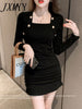 imCharms 2023 Spring And Autumn Elegant Temperament Waist And Slim Sexy Square Neck Knitted Cotton Dress Women's