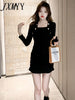 imCharms 2023 Spring And Autumn Elegant Temperament Waist And Slim Sexy Square Neck Knitted Cotton Dress Women's