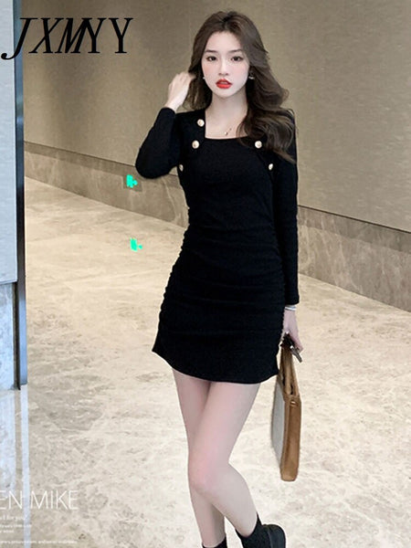 imCharms 2023 Spring And Autumn Elegant Temperament Waist And Slim Sexy Square Neck Knitted Cotton Dress Women's