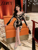 imCharms 2023 Spring And Autumn Low-Neck Temperament Zebra Print Sexy Slim Bag Hip Bottoming Dress Women's