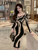 imCharms 2023 Spring And Autumn Low-Neck Temperament Zebra Print Sexy Slim Bag Hip Bottoming Dress Women's