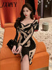 imCharms 2023 Spring And Autumn Low-Neck Temperament Zebra Print Sexy Slim Bag Hip Bottoming Dress Women's