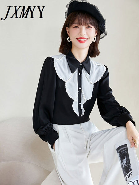 imCharms 2023 Spring And Autumn Bead Decoration Long-Sleeved All-Match Elegant Temperament Top Women's Chiffon Shirt