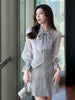 imCharms 2023 Spring And Autumn Bow Elegant Temperament Bright Silk Shirt + Pleated Skirt Two-Piece Women's Clothing