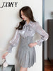 imCharms 2023 Spring And Autumn Bow Elegant Temperament Bright Silk Shirt + Pleated Skirt Two-Piece Women's Clothing