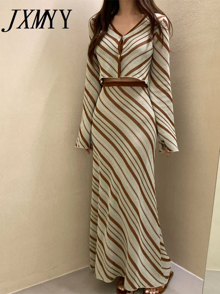 imCharms 2023 Spring And Autumn Chic Retro Elegant Temperament Slim Striped Top + Skirt Women's Suit