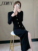 imCharms 2023 Spring And Autumn Elegant Temperament Ladies Mid-Length Single-Breasted V-Neck Knitted Women's Dress