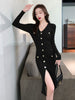 imCharms 2023 Spring And Autumn Elegant Temperament Ladies Mid-Length Single-Breasted V-Neck Knitted Women's Dress