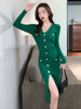 imCharms 2023 Spring And Autumn Elegant Temperament Ladies Mid-Length Single-Breasted V-Neck Knitted Women's Dress