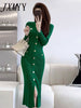 imCharms 2023 Spring And Autumn Elegant Temperament Ladies Mid-Length Single-Breasted V-Neck Knitted Women's Dress