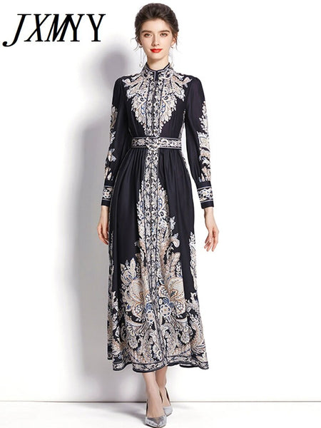 imCharms 2023 Spring And Autumn Products Elegant Temperament Stand Collar Lantern Sleeves Long Printed Dress Women