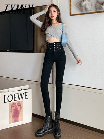 imCharms 2023 Spring And Autumn Products High Elastic High Waist Breasted Decorative Slim Pencil Pants Women Slim Pants