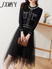 imCharms 2023 Spring And Autumn Retro Long-Sleeved Temperament Slimming Pleated Mesh Stitching Contrast Knitted Dress