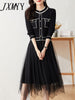 imCharms 2023 Spring And Autumn Retro Long-Sleeved Temperament Slimming Pleated Mesh Stitching Contrast Knitted Dress