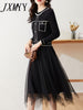 imCharms 2023 Spring And Autumn Retro Long-Sleeved Temperament Slimming Pleated Mesh Stitching Contrast Knitted Dress