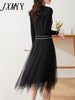 imCharms 2023 Spring And Autumn Retro Long-Sleeved Temperament Slimming Pleated Mesh Stitching Contrast Knitted Dress