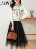 imCharms 2023 Spring And Autumn Retro Long-Sleeved Temperament Slimming Pleated Mesh Stitching Contrast Knitted Dress