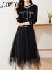 imCharms 2023 Spring And Autumn Retro Long-Sleeved Temperament Slimming Pleated Mesh Stitching Contrast Knitted Dress